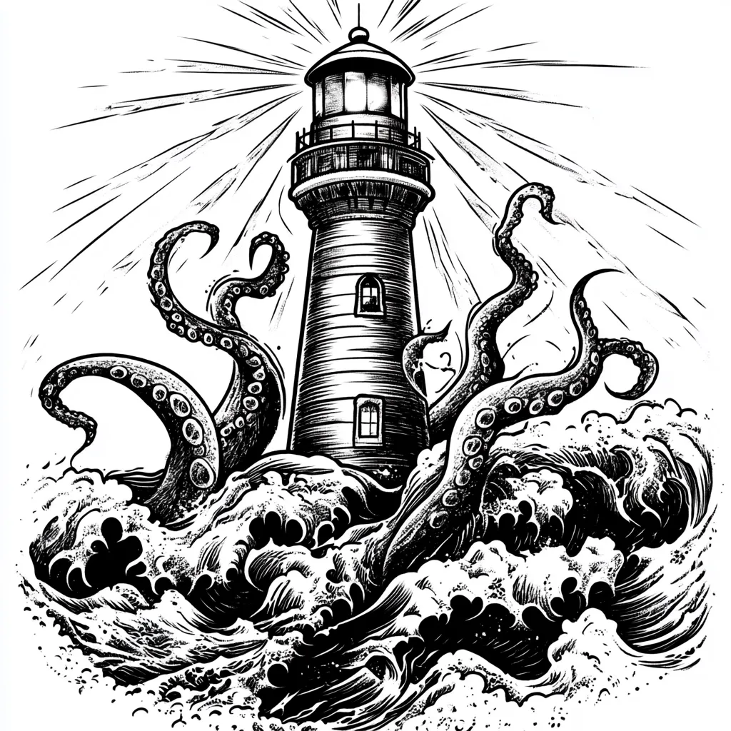 A dramatic black and white illustration depicts a lighthouse besieged by a massive octopus amidst crashing waves. The lighthouse stands tall, its light shining brightly, a beacon against the tumultuous sea.  The octopus's tentacles, thick and powerful, wrap around the base of the lighthouse, suggesting a struggle for dominance. The style is reminiscent of woodblock prints, with strong lines and textured shading creating a sense of depth and movement.  The overall mood is one of suspense and peril, evoking a classic sea monster tale.