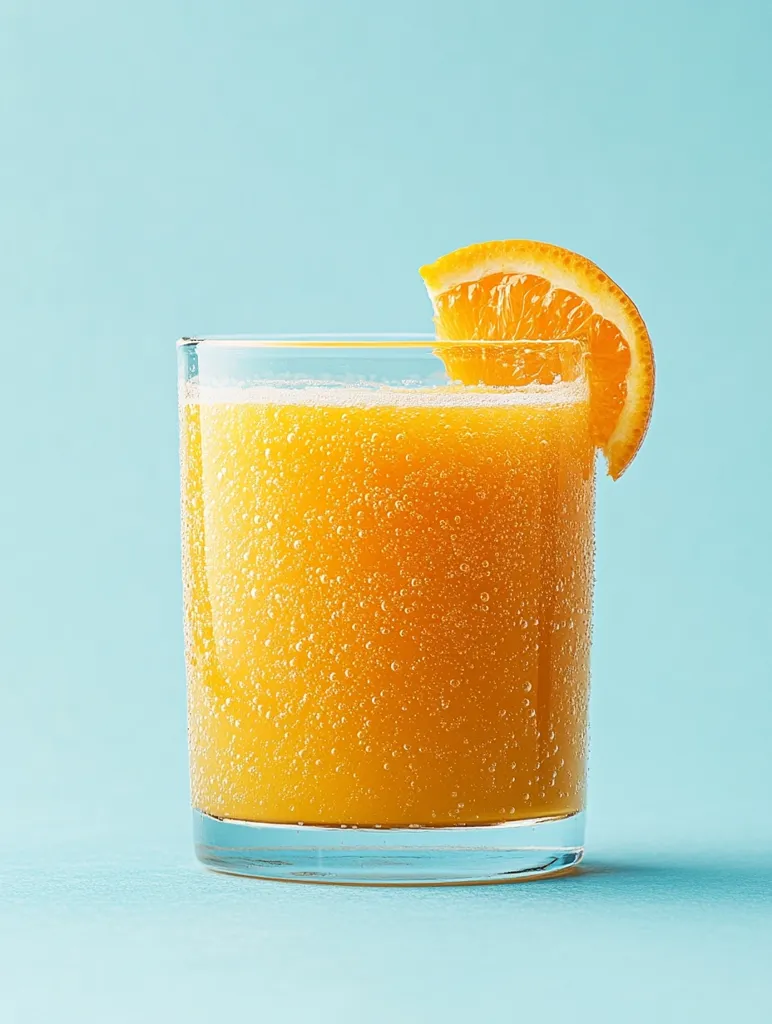 A refreshing glass of bubbly orange juice sits on a pale blue surface.  The juice is a vibrant orange, filled with tiny carbonation bubbles. A wedge of fresh orange rests on the rim, adding a touch of natural sweetness. The glass is short and sturdy, highlighting the bright color of the beverage.  The overall image conveys a feeling of summer refreshment.