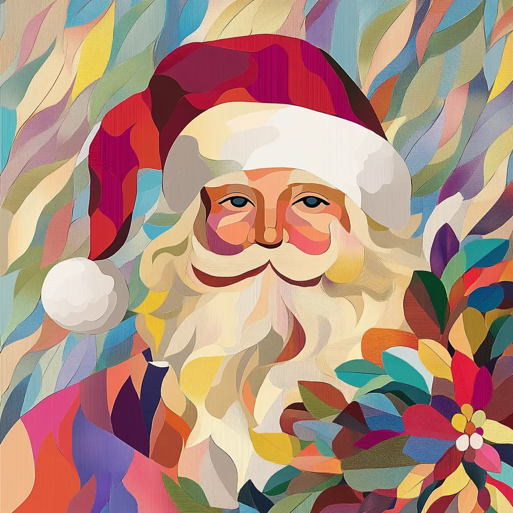 This vibrant, stylized artwork depicts Santa Claus. He's rendered in a colorful, almost Cubist fashion, with his features and clothing broken into geometric shapes and patches of bright hues – reds, oranges, yellows, purples, and blues.  His white beard and hat contrast with the bold background, which mimics a textured, swirling fabric. Santa holds a bouquet of similarly stylized, multi-colored flowers, adding to the overall festive and abstract design.  The image is joyful and celebratory, a modern take on a classic Christmas icon.