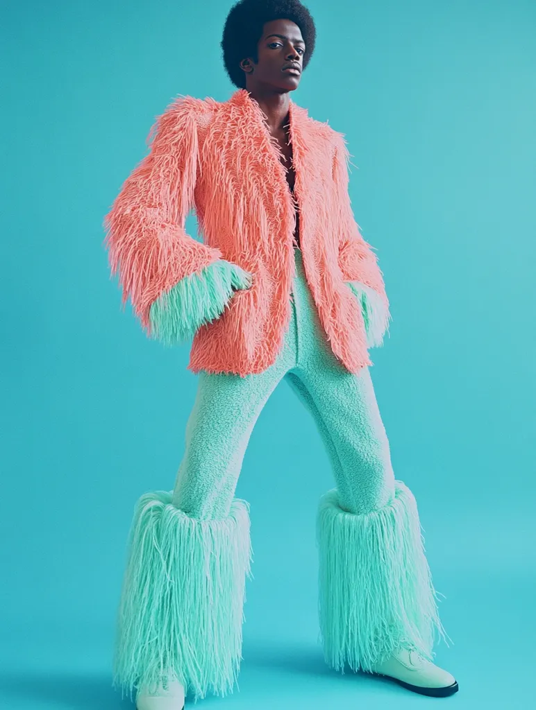 A young Black man models a vibrant, textured outfit against a teal backdrop. He wears a coral pink fuzzy jacket with teal accents at the cuffs, paired with matching teal fuzzy pants featuring long, light teal fringe at the ankles. The overall style is playful and bold, reminiscent of 70s fashion with a modern twist.  His dark hair is styled in an afro. He stands confidently, hands in pockets.
