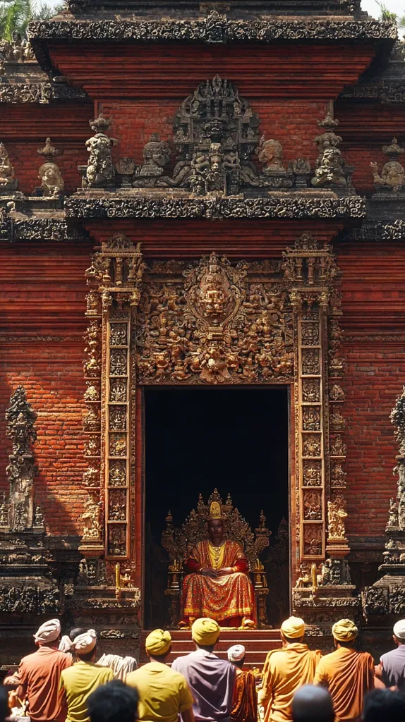 A richly-detailed, ornately carved red brick temple doorway frames a golden throne upon which a regal figure in red and gold robes sits.  Intricate carvings adorn every surface of the temple, depicting a multitude of figures and patterns.  A group of people in saffron-colored robes stand before the throne, observing the scene. The temple's architecture suggests a Southeast Asian or South Asian style. Sunlight illuminates the scene, highlighting the vibrancy of the colors and the intricate details of the carvings.