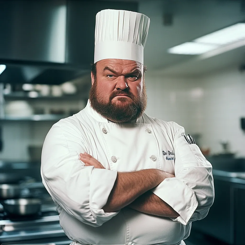Here's a description of the image:

The photograph shows a large, serious-looking chef, arms crossed, standing in a professional kitchen. He wears a tall white chef's hat and a pristine white chef's jacket, embroidered with his name. His expression is stern, almost disapproving, and his arms are folded tightly across his chest. The background is blurred but shows typical kitchen equipment, suggesting a restaurant setting. The overall mood is one of authority and intensity, conveying the chef's professional demeanor.