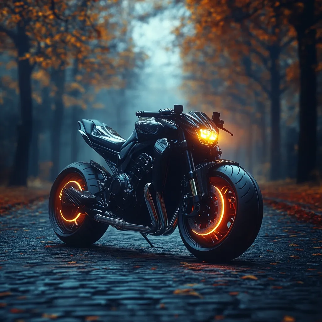 Here's a description of the image:

A sleek, black motorcycle is the focal point, parked on a cobblestone path in a misty autumnal setting.  The bike boasts futuristic design elements, including glowing orange accents on the wheels.  Surrounding it are trees with vibrant orange and brown leaves, blurring into a soft background, suggesting depth and a serene, possibly mysterious atmosphere. The overall mood is dark, moody, and evocative of a cinematic scene.  The wet cobblestones reflect the ambient light, enhancing the image's rich textures and colors.