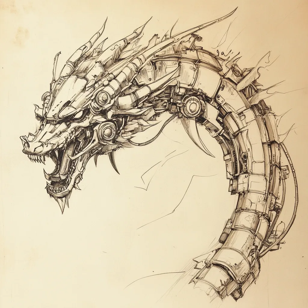 A detailed pen-and-ink drawing depicts the head and neck of a mechanical dragon.  The dragon's head is intricately rendered with gears, pipes, and other mechanical elements integrated into its ferocious features.  The neck curves gracefully, showcasing a complex system of interconnected components. The style is reminiscent of steampunk or bio-mechanical design, blending organic and technological elements. The overall effect is one of powerful, intricate craftsmanship.
