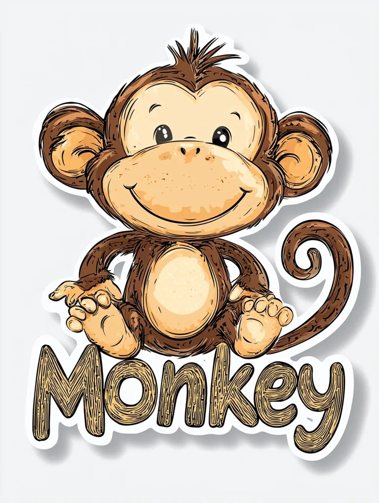 Here's a description of the image:

The image is a cartoon drawing of a monkey sticker. The monkey is seated, facing forward with a cheerful expression.  Its fur is a mix of light and dark brown, depicted with a slightly textured style.  The monkey has large, expressive eyes and a wide, friendly smile.  Below the monkey, the word "Monkey" is written in a stylized, wood-grained font that matches the monkey's coloring. The entire design is presented as a sticker, with a slight shadow effect to give the impression of it being peeled from a sheet. The style is cute and whimsical, suitable for children's products or decorations.