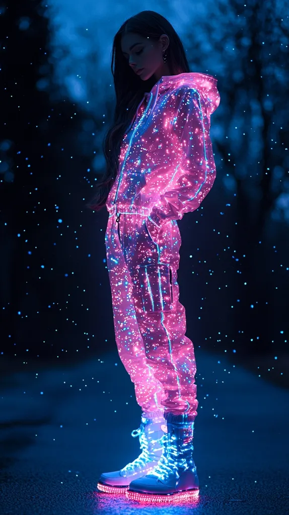 A young woman stands in a nighttime setting, adorned in a luminous pink and blue tracksuit.  The suit appears to be embedded with tiny lights, creating a dazzling effect.  She wears matching light-up boots, and her long dark hair falls around her shoulders.  The background is blurred, suggesting a dark, possibly wooded area, with a sparkling effect in the air that complements the luminescence of her clothing. The overall mood is futuristic and ethereal.