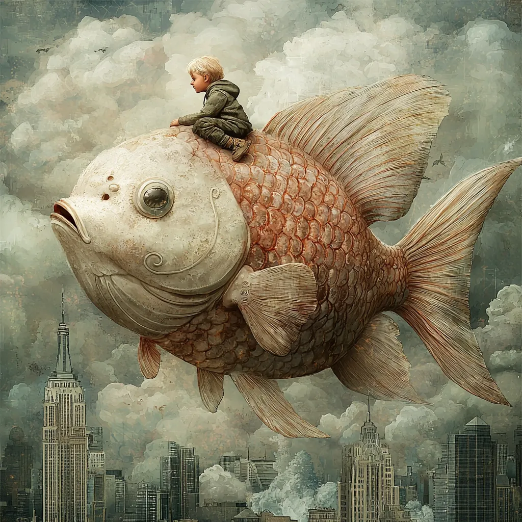 A whimsical illustration depicts a young boy perched atop a colossal, intricately detailed fish soaring above a cityscape. The fish, reminiscent of a koi, boasts a weathered, almost metallic texture, contrasting with the child's simple attire.  The background showcases a sprawling metropolis under a cloudy sky, creating a surreal juxtaposition of fantasy and urban reality. The overall tone is dreamlike and melancholic, hinting at a journey or escape.