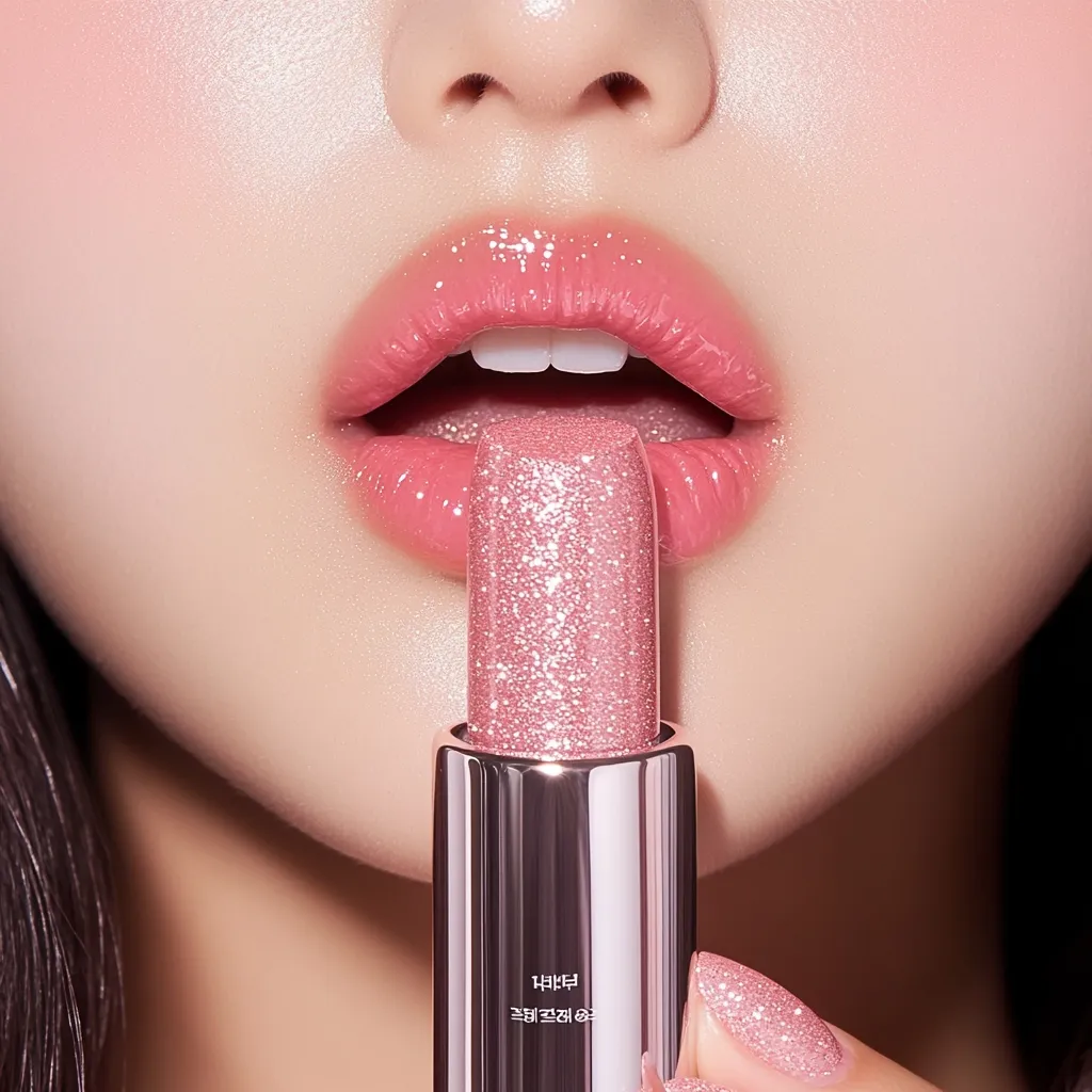 Close-up of a woman's face, focusing on her lips.  She's applying a shimmering, rose-gold glitter lipstick. The lipstick tube is visible, reflecting light. Her lips are glossy and full, with a soft pink hue.  The overall aesthetic is glamorous and focused on beauty and makeup.  The image has a clean, bright, and high-quality feel.  Korean text is faintly visible on the lipstick.