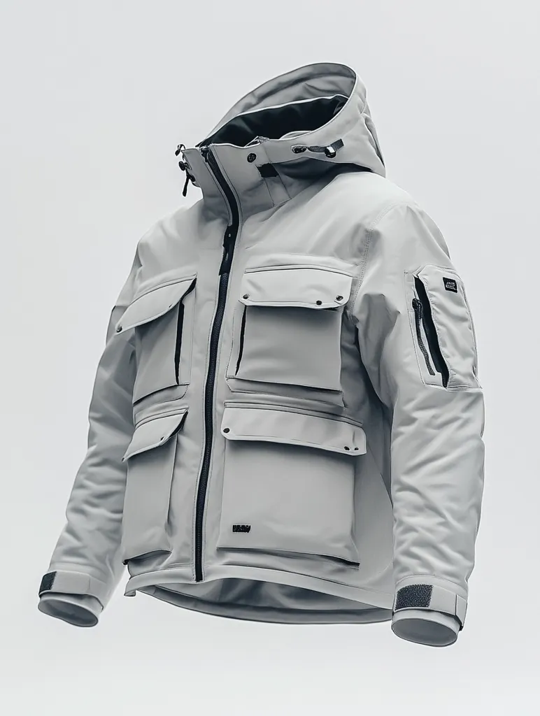 Here is a description of the image:

The image shows a light gray, hooded jacket. The jacket is made of a waterproof, windproof material and features multiple large pockets, a zipper closure, and adjustable cuffs.  The hood is attached and appears to be designed for protection from the elements.  The overall style is functional and utilitarian, suggestive of outdoor or protective wear.  The jacket is shown on a plain white background, highlighting its details and features.  Small, discreet branding is visible on the lower front and on the upper arm.