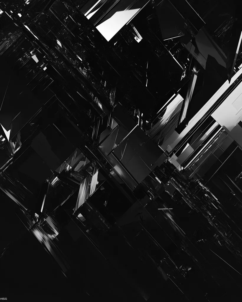 The image is an abstract composition of intersecting, dark, rectangular shapes, reminiscent of a fragmented cityscape or a complex crystalline structure.  The monochrome palette, predominantly black with varying shades and subtle highlights, creates a sense of depth and texture.  The sharp angles and overlapping forms suggest a dynamic, almost chaotic energy, yet there is a sense of order within the seemingly random arrangement.  The overall effect is striking and visually engaging, with a mood that is both mysterious and powerful.