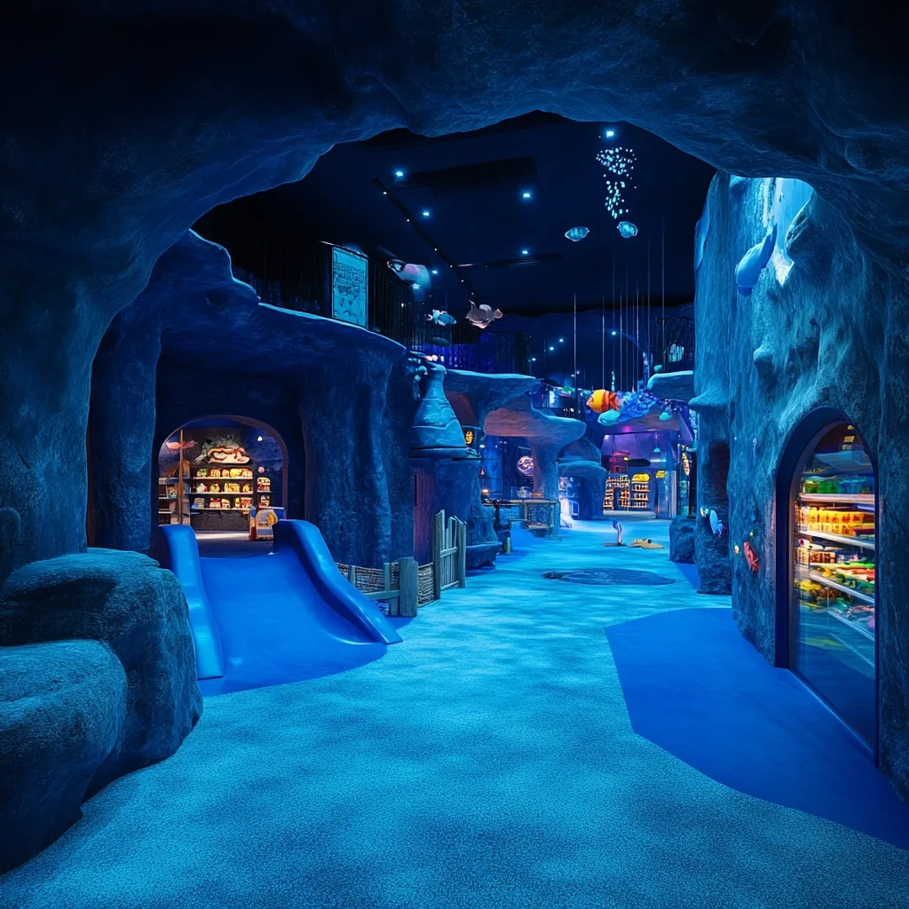This image shows an indoor play area designed to resemble an underwater cave.  Blue lighting bathes the space, which features rock formations, a blue slide, and various shops tucked within cave-like openings.  Artificial fish hang from the ceiling, enhancing the aquatic theme.  The floor is a textured blue, contributing to the overall immersive ocean environment. The area appears designed for children, with a playful and fantastical atmosphere.