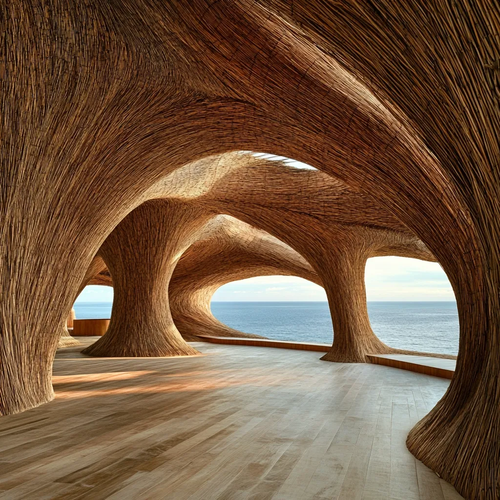 Here's a description of the image:

The photograph showcases a stunning interior space, seemingly a pavilion or structure, built with a unique, organic design.  The walls and ceiling are crafted from tightly woven, light brown reeds or thatch, forming undulating, cave-like shapes. These organic forms create a series of arched openings revealing a calm ocean vista.  A polished light-brown wooden floor spans the interior, contrasting beautifully with the textured walls. The overall effect is one of natural beauty, serenity, and sophisticated architectural design.