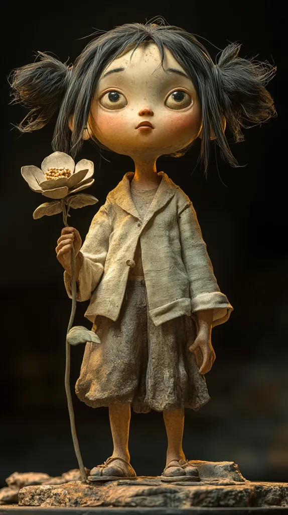 A meticulously crafted figurine of a young girl is depicted.  The girl, with large, expressive eyes and pigtails, holds a stylized flower.  She wears a textured, earthy-toned coat and shorts, giving her a slightly worn, almost antique appearance.  The figurine's style is reminiscent of character design from animation or fantasy art, with a focus on detail and texture. The dark background enhances the figurine's delicate features and artistic presentation.  The overall effect is one of quiet contemplation and gentle beauty.