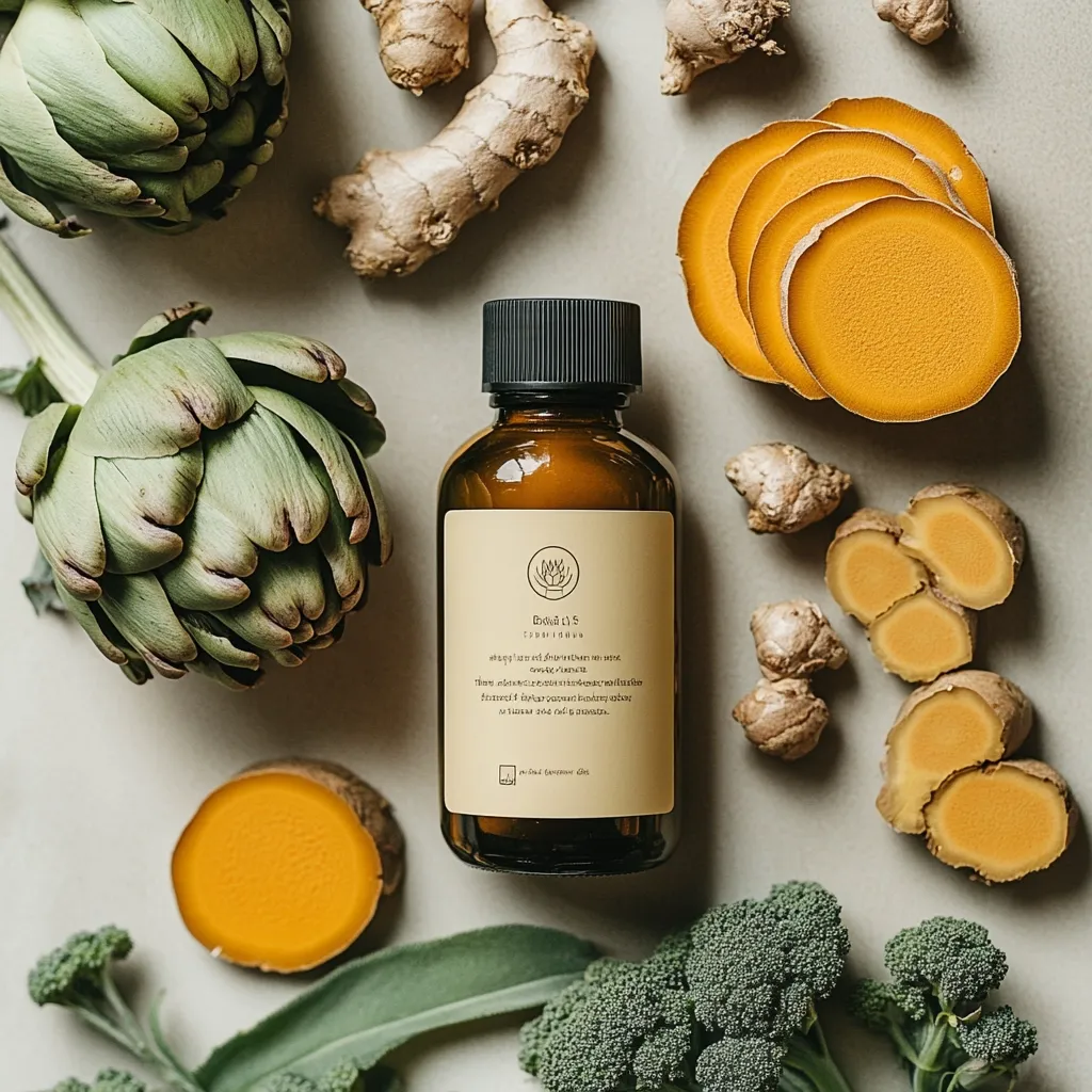 A bottle of "Bodhi & S" supplement sits center stage, surrounded by vibrant, healthy ingredients.  Sliced turmeric root, fresh ginger, artichoke hearts, and broccoli florets are artfully arranged on a neutral background.  The bottle's label features an emblem and text in a foreign language, suggesting an exotic or natural origin. The overall image evokes a feeling of wellness and natural health remedies.