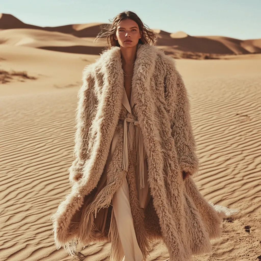 A fashion model strides across a sun-drenched desert landscape. She wears a long, light beige, shaggy coat with fringed edges, cinched at the waist with a matching tie. The coat's texture contrasts beautifully with the smooth, rippled sand.  The model's neutral makeup and flowing brown hair add to the serene, almost ethereal, quality of the image. The overall aesthetic is one of minimalist elegance in a stark, natural setting.