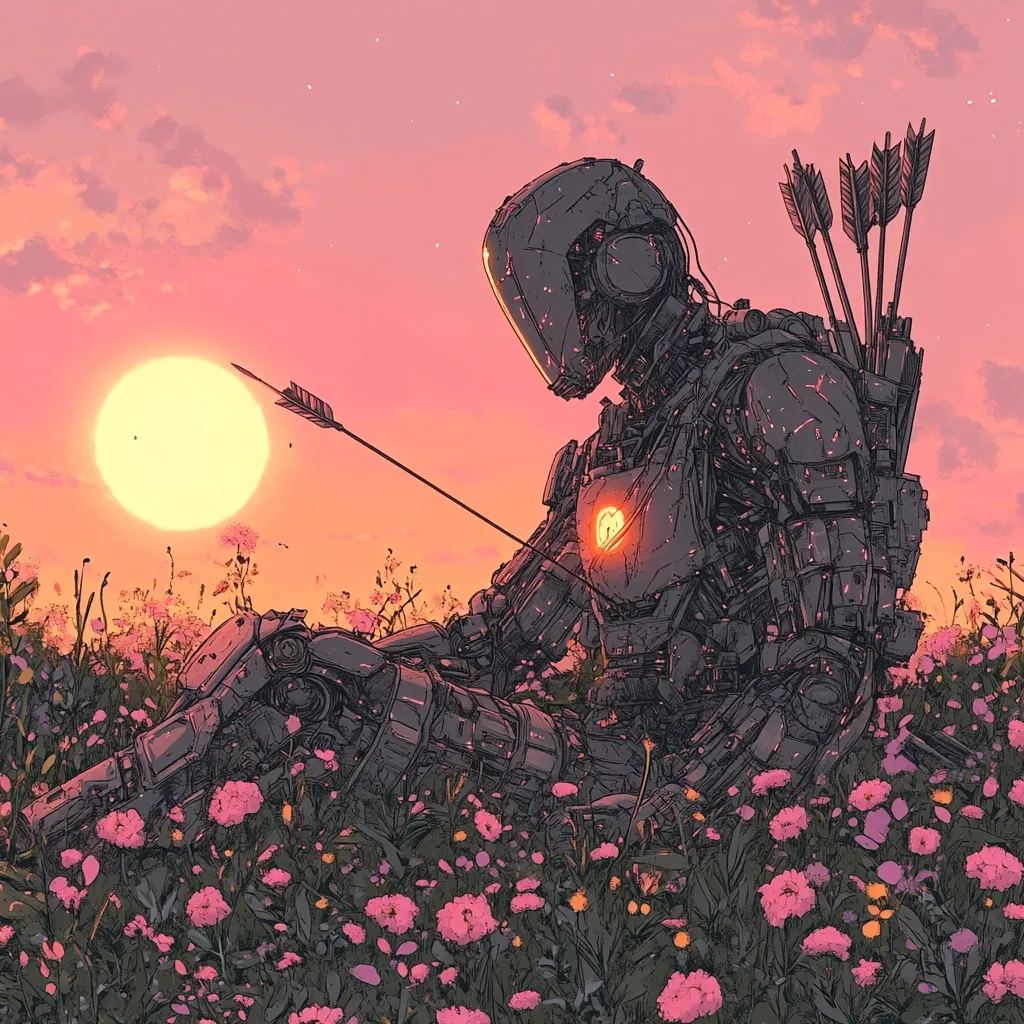 Here's a description of the image:

The artwork depicts a robot, seemingly in a state of contemplation, seated amidst a field of pink flowers at sunset.  The robot is heavily armored, with a helmet obscuring its face, and carries a quiver of arrows on its back.  A single arrow lies on the ground nearby. The setting sun casts a warm, orange glow across the scene, creating a peaceful yet melancholic atmosphere.  The style is detailed and reminiscent of digital illustration, with sharp lines and a blend of realistic and stylized elements.  The overall mood suggests a blend of futuristic technology and quiet solitude within nature.