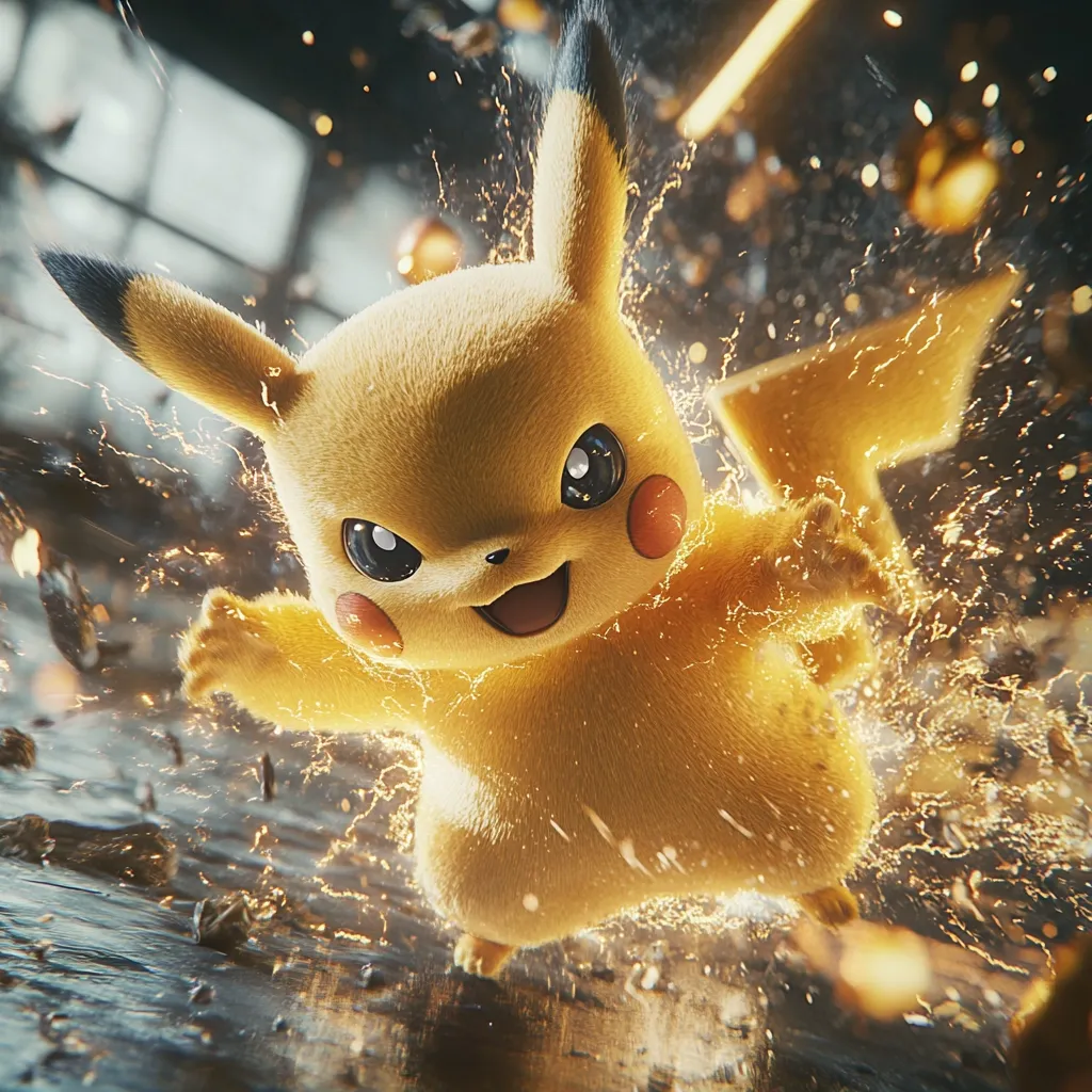 A hyperrealistic depiction of Pikachu, the iconic Pokémon character, is shown in dynamic motion.  Surrounded by a burst of golden energy, seemingly electricity, Pikachu's fur is detailed and lifelike. Its expression is energetic and playful, conveying a sense of speed and power. The background hints at an industrial setting, adding contrast to the bright, electric Pikachu.  The overall image is sharp, vibrant, and full of motion.