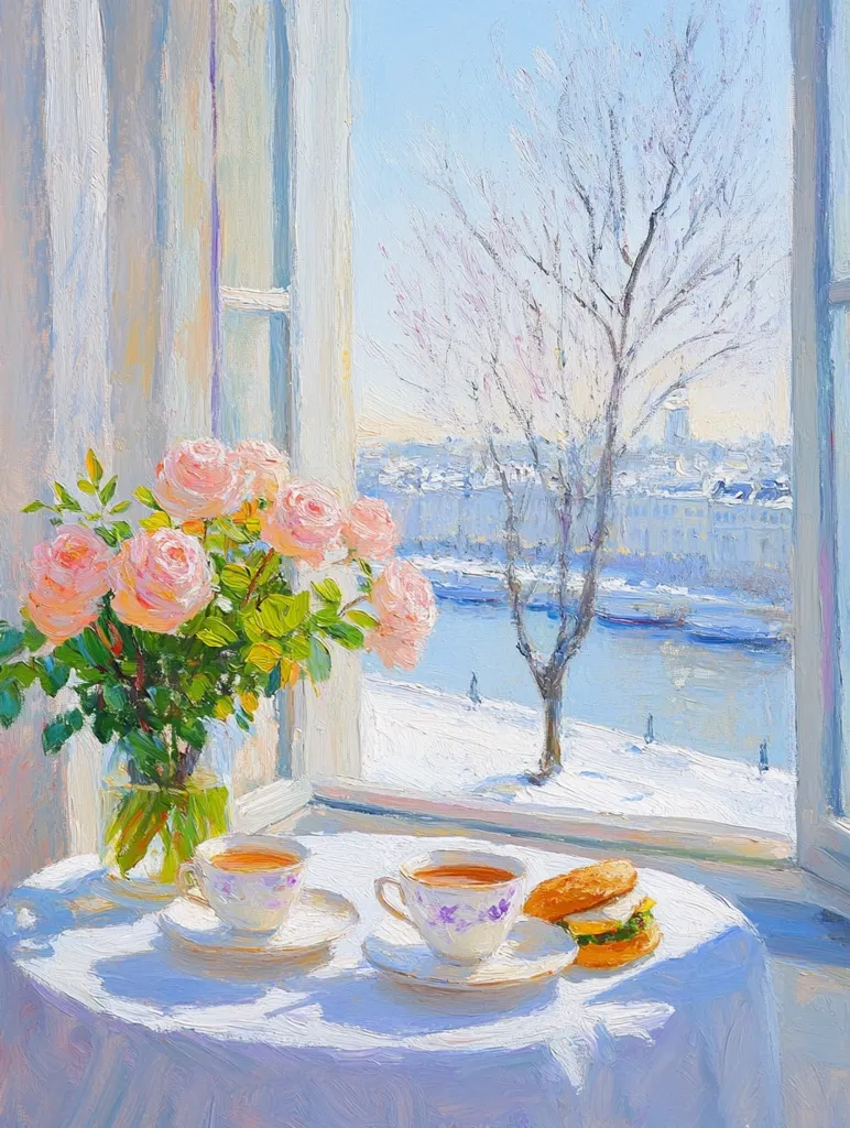 A sunlit painting depicts a cozy scene viewed from inside a window.  Two teacups and saucers sit on a white tablecloth beside a small sandwich. A vase of pink roses adds a touch of color.  Outside, a snowy landscape unfolds, featuring a bare tree and a river under a bright sky.  The overall style is impressionistic, with visible brushstrokes and a focus on light and color. The painting evokes a sense of peaceful warmth and tranquility.
