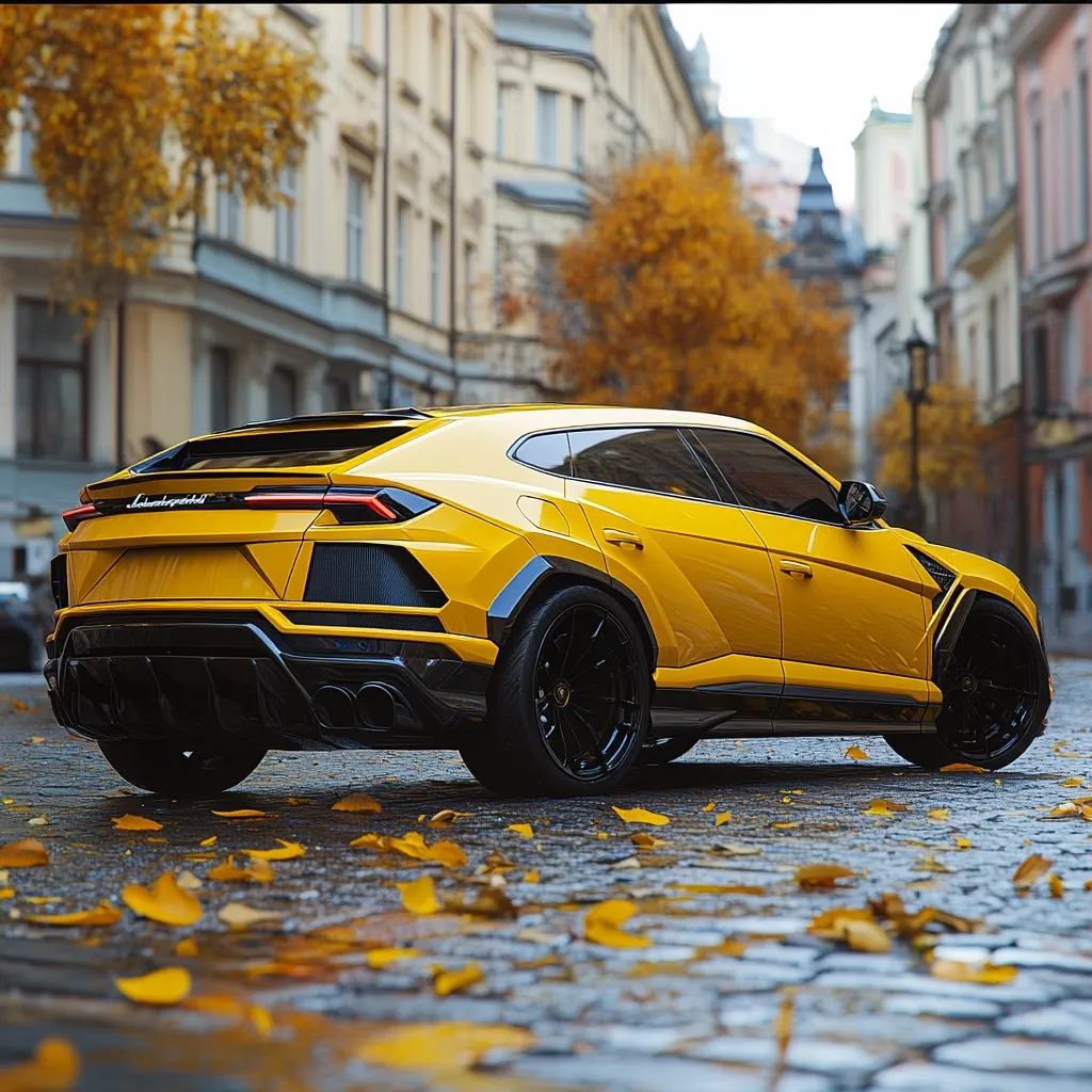 Here's a description of the image:

The photograph showcases a vibrant yellow Lamborghini Urus SUV parked on a cobblestone street, strewn with fallen autumn leaves.  The car is angled slightly to the right, revealing its rear and side. The setting is a European-style city with old, elegant buildings lining the street.  The autumnal backdrop enhances the luxury of the vehicle, creating a visually appealing contrast between the modern car and the classic architecture.  The wet cobblestones reflect the surrounding ambiance, emphasizing the vehicle's glossy finish. The image is sharp and high-quality, likely digitally rendered or enhanced.