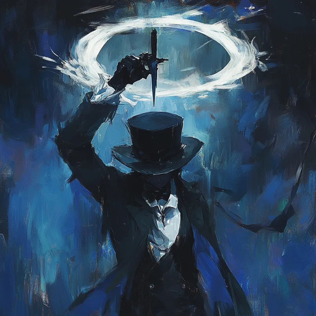 Here's a description of the image:

The painting depicts a mysterious figure, dressed in a dark, Victorian-era suit and top hat, against a moody, blue backdrop.  The individual holds a dagger aloft, encircled by a glowing, ethereal ring. The style is painterly and expressive, with visible brushstrokes contributing to the dramatic effect. The overall mood is dark, enigmatic, and possibly magical, suggestive of a magician or illusionist performing a dangerous feat. The colors are predominantly deep blues and blacks, enhancing the sense of mystery and intrigue.