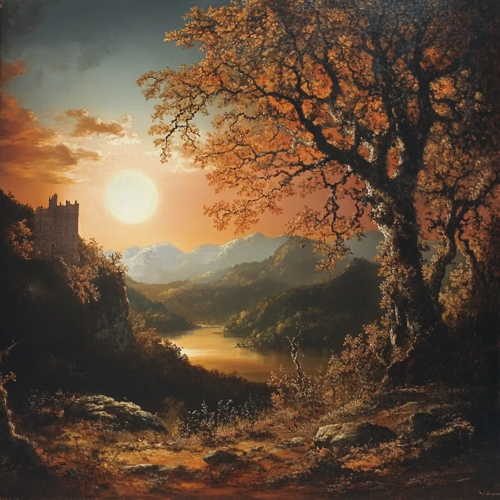 Here's a description of the image:

The painting depicts a serene autumnal landscape at sunset.  A large, gnarled oak tree dominates the foreground, its branches reaching towards a large, glowing sun partially obscured by clouds.  Beyond the tree, a calm river winds through a valley nestled between rolling hills and mountains, their silhouettes softened by the warm light.  A stone castle or tower is perched dramatically on a cliff overlooking the river to the left. The overall color palette is rich and warm, with oranges, browns, and muted golds dominating the scene, creating a peaceful and slightly melancholic mood.