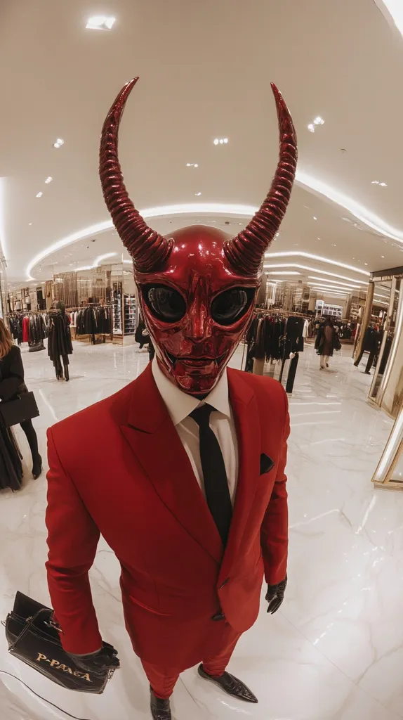 A person in a vibrant red suit and black gloves stands in a high-end retail store.  They wear a striking, polished red devil mask with large horns. The mask has dark, almost mirrored lenses. The overall effect is dramatic and eye-catching, a blend of high fashion and a theatrical, slightly unsettling aesthetic. The bright lighting of the upscale store contrasts sharply with the darker tones of the costume. A black bag is visible at the person's feet.