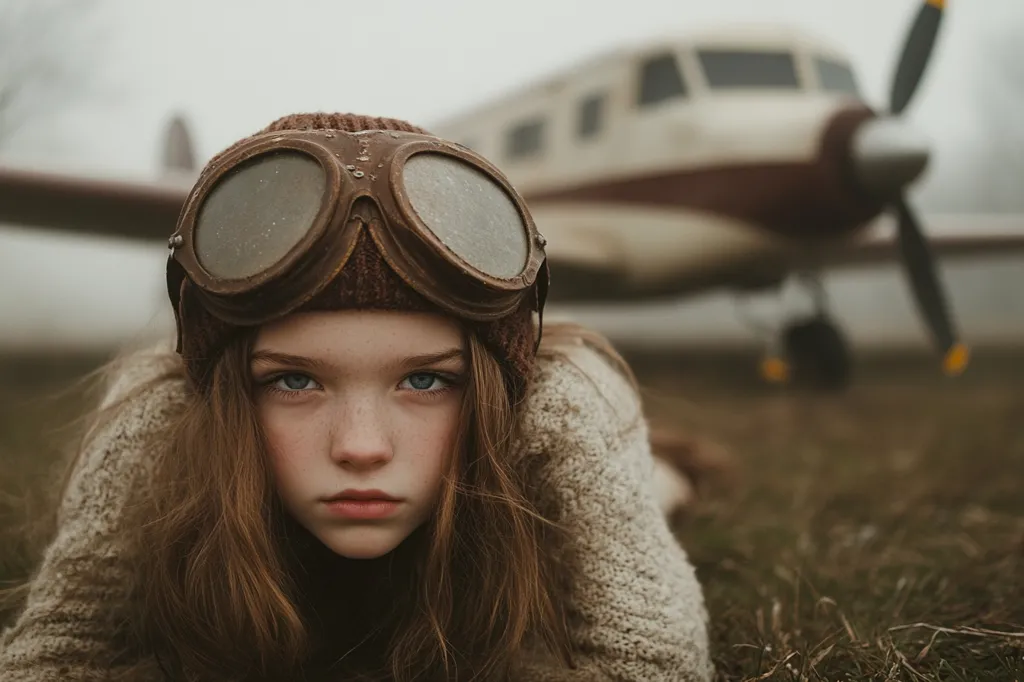 Here is a description of the image:

Close-up view of a young girl with long brown hair, lying on the ground, wearing a brown knit hat and vintage-style aviator goggles.  Her expression is serious, almost pensive. The background is softly blurred, featuring an old, light-colored airplane, suggesting a setting related to aviation or history. The overall mood is atmospheric and slightly melancholic, with a muted color palette emphasizing the girl and the plane. The image is likely a stylized portrait, emphasizing mood and storytelling.