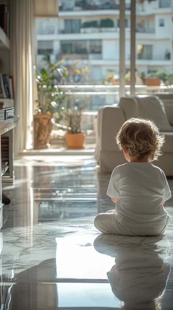 A toddler sits on a highly polished marble floor, facing a large window offering a blurred view of a city. The child is dressed in a simple white outfit, their back to the camera. Sunlight streams through the window, illuminating the scene and creating reflections on the glossy floor.  A partially visible sofa and potted plants are in the background, creating a modern, bright, and airy living space. The overall mood is peaceful and contemplative.