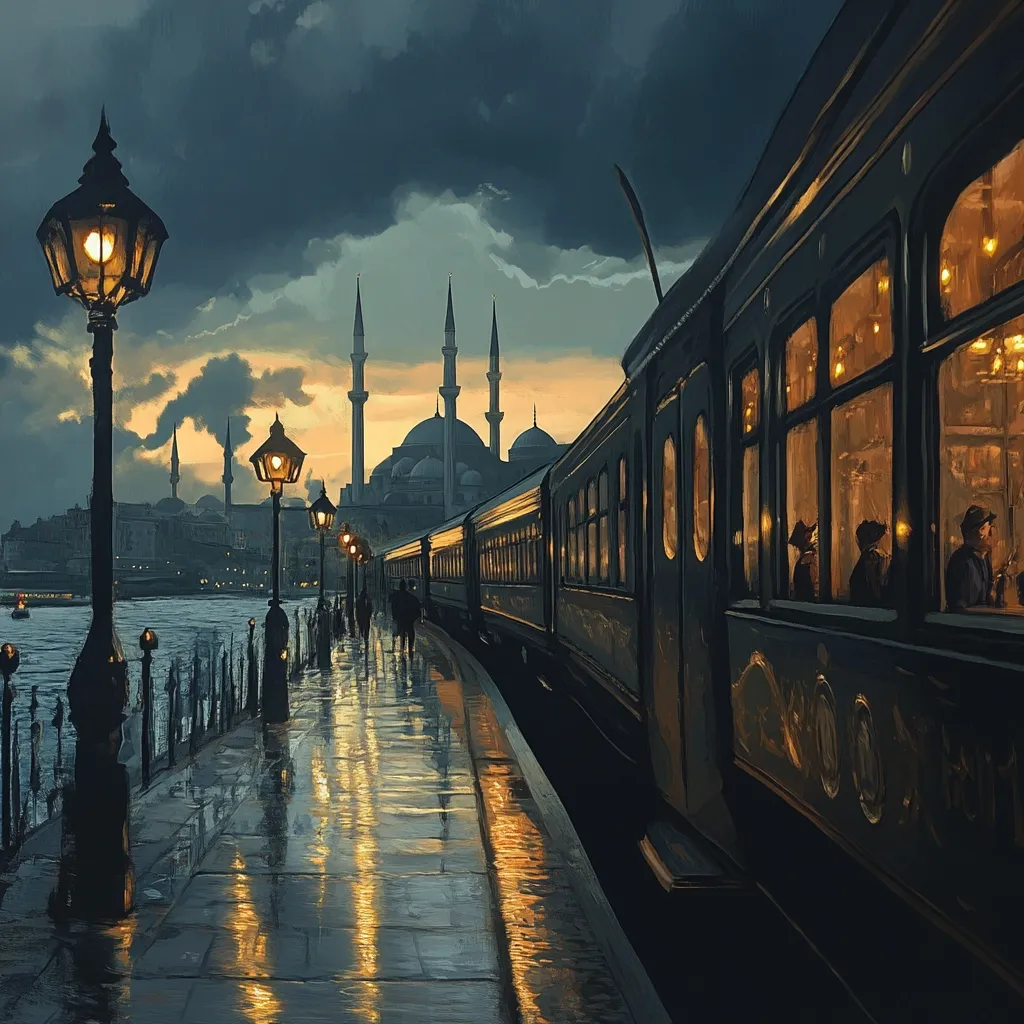 A long, dark train sits at a station beside a wet, cobblestone walkway lined with lit gas lamps.  The setting sun casts a warm glow on the scene, reflecting in the puddles. In the background, a grand mosque with multiple minarets stands against a cloudy sky over a calm body of water.  Figures are visible walking along the path and seated inside the train's illuminated windows. The overall atmosphere is one of quiet, nostalgic beauty.