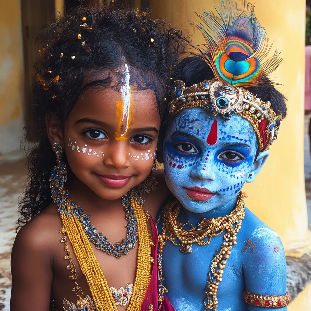 Here's a description of the image:

Close-up view of two young children adorned in elaborate Indian attire and makeup.  The girl, on the left, has dark curly hair decorated with gold beads and wears a tika on her forehead, along with intricate gold necklaces and earrings. Her face is painted with white and gold markings. The boy, on the right, is painted blue, representing Krishna, with detailed facial makeup and wears a peacock feather headdress and ornate gold jewelry. Both children are dressed in rich, jewel-toned clothing. The background suggests a culturally significant location, perhaps a temple or palace. The image captures the vibrancy of religious or cultural celebration.