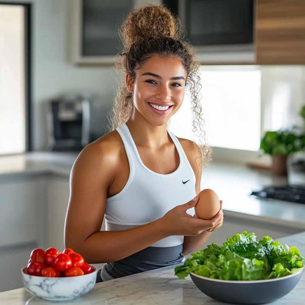 A young woman with curly hair tied up in a bun smiles brightly in a kitchen setting.  She's wearing a white Nike sports bra and is holding a single brown egg.  In front of her are bowls of fresh red tomatoes and a large bowl of vibrant green lettuce, suggesting a healthy lifestyle and meal preparation. The background is blurred, focusing attention on the woman and her healthy food choices.