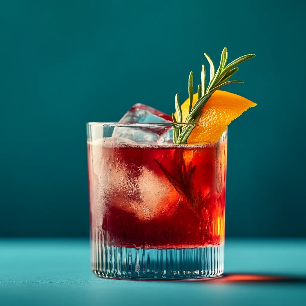 Here's a description of the image:

Close-up view of a dark red cocktail in a short, ribbed glass. The drink is filled with ice cubes, and garnished with a sprig of rosemary and a small twist of orange peel. The glass sits on a teal-colored surface, against a backdrop of a deeper teal. The lighting highlights the vibrant color of the cocktail and the texture of the ice. The overall impression is one of sophistication and refreshment.