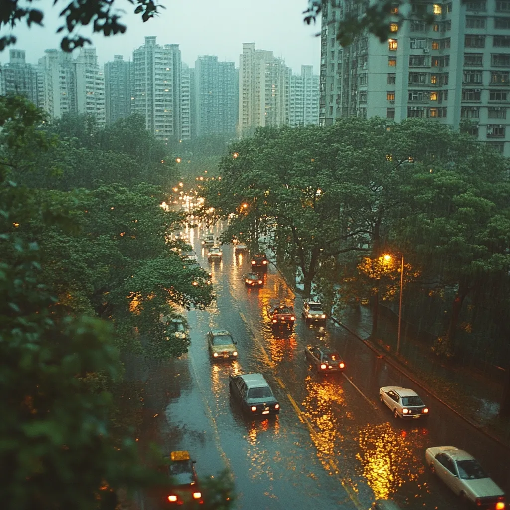 Here's a description of the image:

A rain-slicked city street, flanked by lush green trees, winds through a cityscape of tall apartment buildings.  The streetlights cast a warm, reflective glow on the wet asphalt, illuminating a stream of cars navigating the downpour.  The scene is atmospheric, with the rain creating a calming, almost melancholic mood.  The buildings in the background rise high, suggesting a densely populated urban area. The overall impression is one of quiet urban beauty during a rainy evening.
