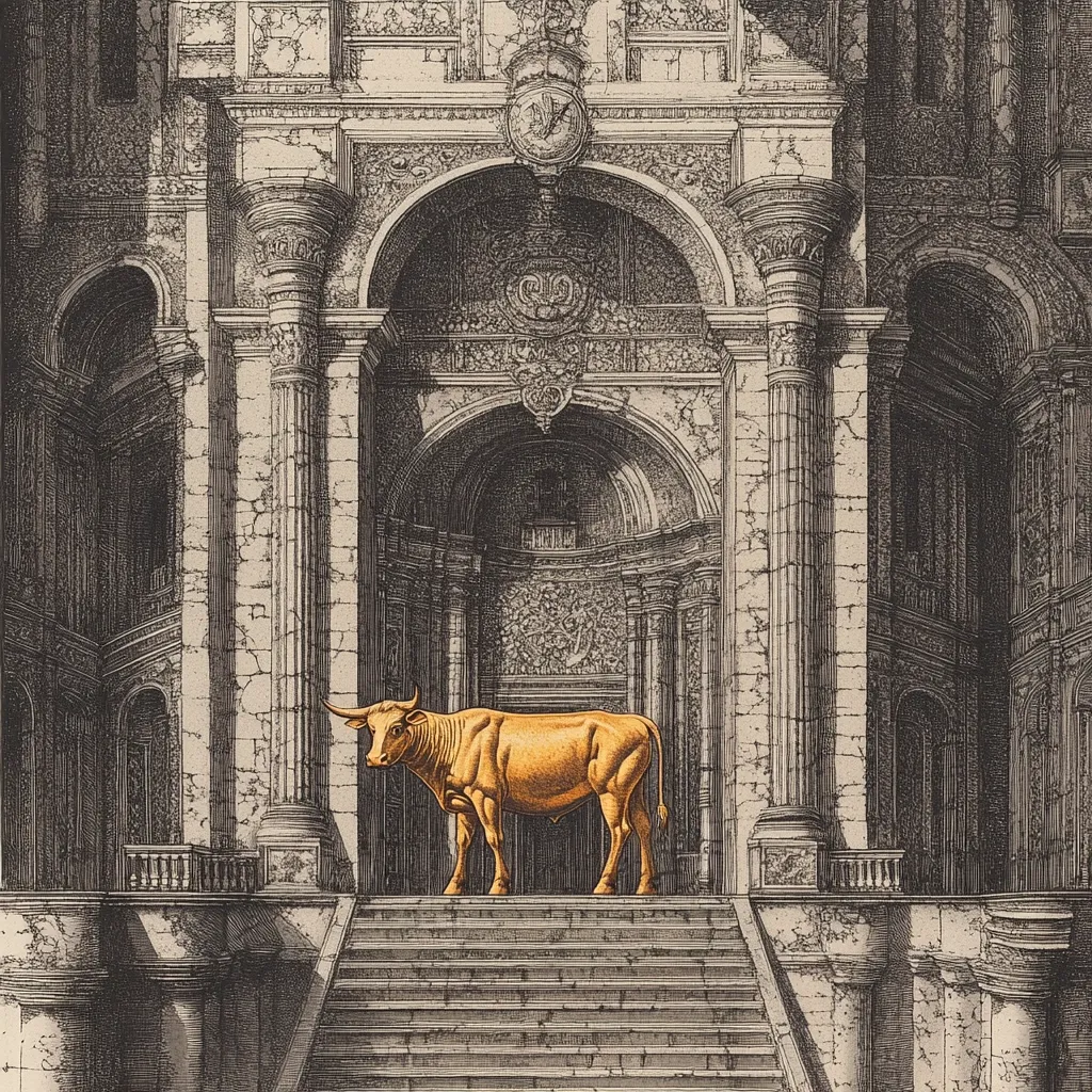 Here's a description of the image:

The image is a detailed engraving or etching depicting a golden bull standing majestically on a grand staircase. The bull, rendered in a rich, warm gold tone, is positioned centrally before a large, ornate building.  The architecture is classical in style, featuring columns, arches, and intricate stonework, suggesting a temple or palace. The building’s stonework is rendered in varying shades of gray and black, providing a striking contrast to the golden bull. The overall atmosphere is one of grandeur and possibly alludes to themes of wealth, power, or idolatry.