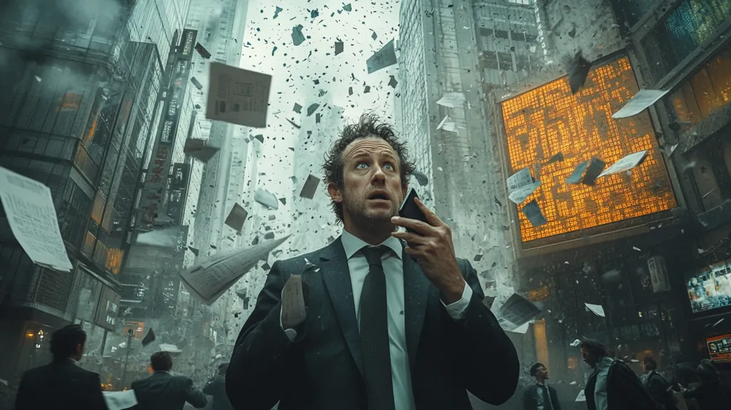 A man in a suit stands in shock amidst a chaotic urban scene.  He holds a phone to his ear, his expression one of disbelief as papers and debris rain down around him.  Tall buildings loom, and a large, glowing digital board is visible in the background, adding to the sense of overwhelming turmoil. The overall atmosphere is one of impending disaster or societal collapse. The image is highly stylized, with a dark, gritty aesthetic.