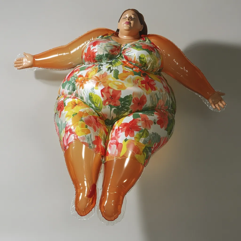 Here's a description of the image:

The photograph shows a large, inflatable sculpture of a plus-size woman floating against a light gray background.  The sculpture is translucent amber, revealing the floral-printed swimsuit underneath. The swimsuit features a vibrant pattern of red, orange, and yellow flowers on a white background.  The woman's eyes are closed, suggesting serenity or relaxation. Her arms are outstretched, giving the impression of weightlessness. The overall effect is both playful and thought-provoking.