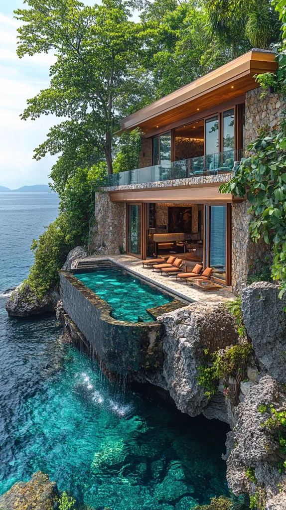 Here's a description of the image:

A stunning modern home is perched dramatically on a cliff overlooking a vibrant turquoise ocean.  The house, built of stone and wood, features expansive glass windows and a large, infinity pool that seamlessly blends with the sea.  A small waterfall cascades from the pool into the ocean below. Lush tropical vegetation surrounds the house, adding to the idyllic, secluded setting.  The scene evokes a sense of luxury, tranquility, and breathtaking natural beauty.