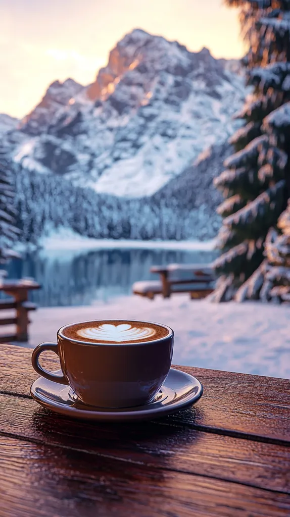 A steaming cup of latte art sits on a wooden table overlooking a breathtaking winter landscape.  Snow-capped mountains rise majestically in the background, with a frozen lake partially visible.  Evergreen trees dusted with snow frame the scene.  The warm hues of sunrise illuminate the mountains, creating a serene and picturesque setting, perfect for enjoying a hot beverage.  The image evokes feelings of tranquility and escape.