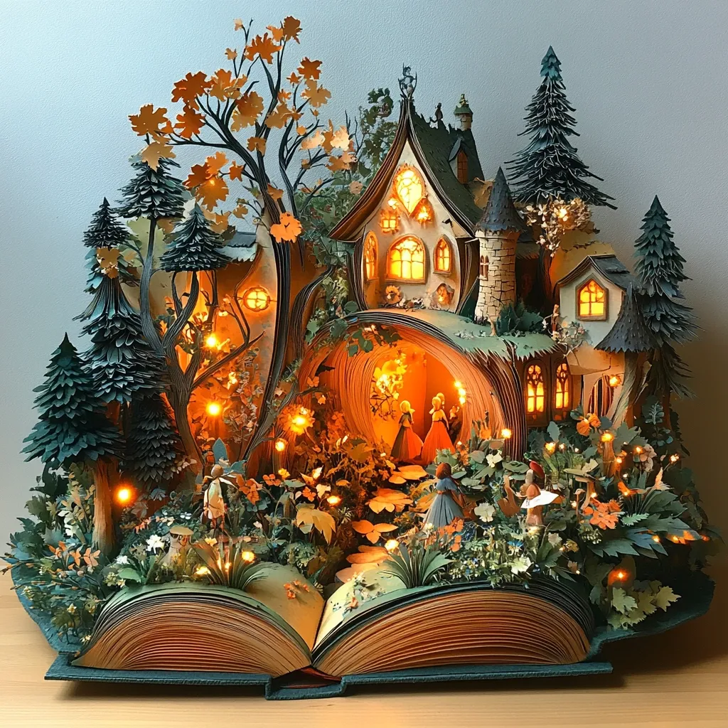 A meticulously crafted paper art diorama unfolds from the pages of an open book.  Illuminated from within, it depicts a whimsical fairytale village nestled in a glowing forest.  Intricate paper trees, flowers, and miniature buildings create a magical scene, complete with tiny figures seemingly interacting within the enchanted landscape. The warm lighting enhances the overall dreamlike and captivating quality of the artwork.