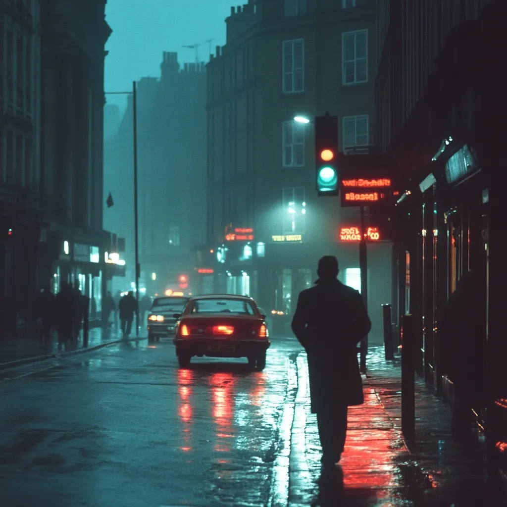 Here's a description of the image:

A rain-slicked city street at night is the scene.  A lone figure in a long coat walks away from the camera along the sidewalk, past neon-lit shops and buildings.  Cars, their taillights glowing red, are visible in the distance, their reflections mirroring in the wet pavement. A traffic light glows green, and a misty fog hangs in the air, lending a moody, atmospheric quality to the scene. The overall color palette is cool, dominated by teal and deep blues, contrasting with the warmer tones of the car lights and shop signage.  The ambiance is quiet and contemplative.