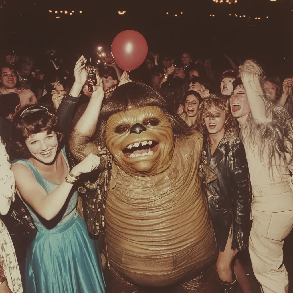 A costumed creature, possibly a Wookiee from Star Wars, is the center of attention at a lively party.  Surrounded by enthusiastic revelers, some reaching up to touch it, the creature smiles broadly, holding a red balloon.  The crowd is a mix of people, mostly young adults, dressed in 70s-80s attire.  The scene is filled with energy and excitement, capturing a moment of celebratory chaos.  The overall tone is one of fun and unexpected revelry.