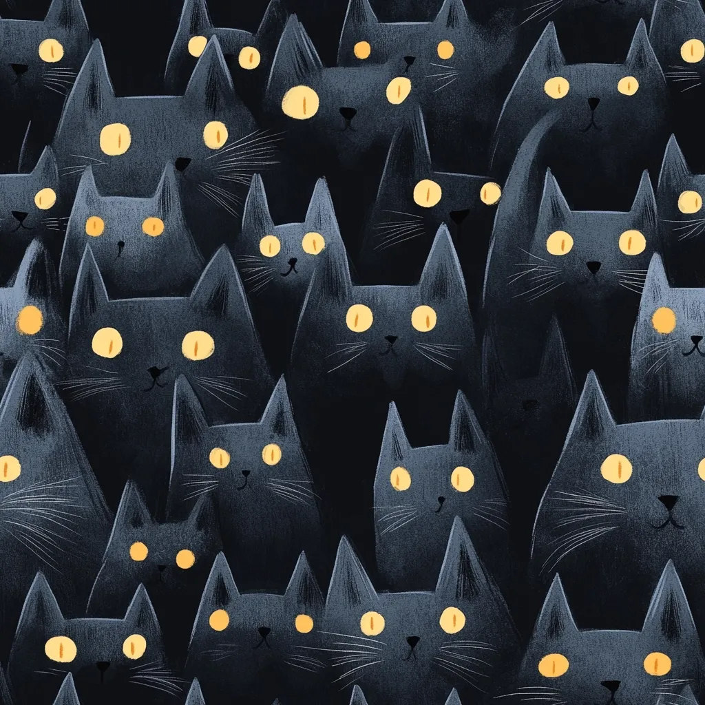 A tightly packed arrangement of stylized black cats fills the image.  Each cat possesses large, bright yellow eyes that stand out against their dark grey-blue fur.  The cats are depicted in a slightly painterly style, with visible brushstrokes contributing to a slightly blurry, almost shadowy effect.  They are densely clustered together, creating a sense of depth and a slightly unnerving, yet charming, overall impression.