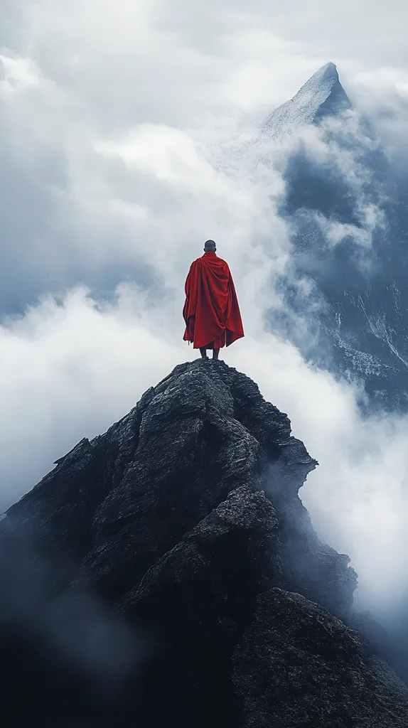 A lone figure, cloaked in a vibrant red robe, stands atop a craggy, dark mountain peak.  Surrounding them, a thick, swirling fog obscures the landscape, partially revealing a snow-capped mountain in the distance. The scene evokes a sense of solitude, contemplation, and the vastness of nature. The red robe provides a striking contrast to the muted tones of the rocks and fog, drawing the viewer's eye to the isolated figure. The overall atmosphere is serene yet slightly mysterious.
