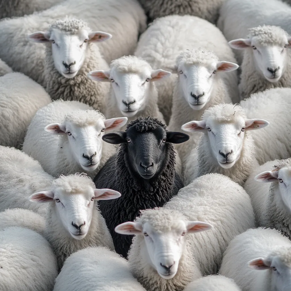 A single black sheep stands out amidst a crowd of white sheep.  The black sheep is centrally positioned, its dark wool contrasting sharply with the fluffy white coats of its surrounding flock.  The sheep are densely packed together, their faces oriented towards the viewer, creating a compelling visual representation of standing out from the crowd or nonconformity. The image's lighting and focus highlight the black sheep as the focal point.