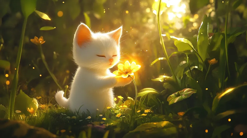 A digitally rendered image depicts a fluffy white kitten, eyes closed, gently holding a bright yellow flower.  The kitten is seated amidst lush green foliage bathed in warm, golden sunlight.  Specks of light, resembling fireflies or dust motes, dance in the air.  The overall scene is whimsical and evokes a feeling of peace and serenity in a magical forest setting.  The style is soft and painterly, with a focus on light and texture.