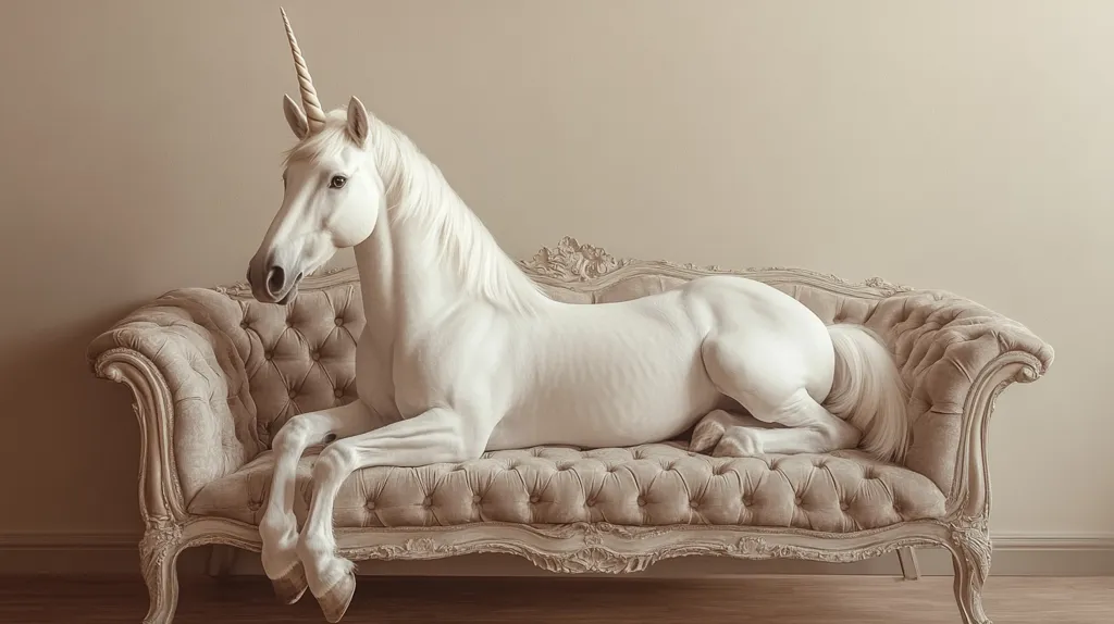 A majestic white unicorn, with a single spiraling horn, rests gracefully on an ornate, light beige velvet chaise lounge.  The unicorn's pose is relaxed yet regal, its body elongated and smooth. The couch features a tufted design and intricate carved wooden frame, creating a contrast between mythical creature and refined, antique furniture. The overall tone is serene and subtly whimsical. The background is a neutral, muted beige.