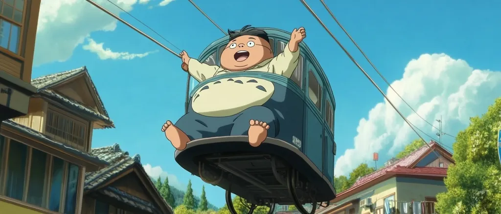 A jovial, chubby boy, wearing a whimsical Totoro-inspired outfit, joyfully rides a miniature trolley suspended by wires against a bright, sunny sky. Traditional Japanese-style houses line the streets below, creating a charming backdrop. The scene is animated, suggesting a whimsical and lighthearted narrative. The overall impression is one of playful adventure in a picturesque setting.