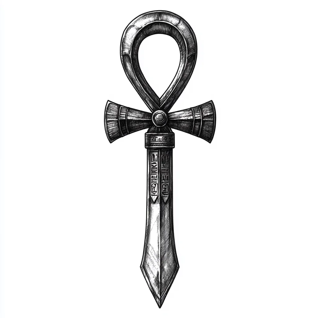 The image is a detailed pen-and-ink drawing of an ankh, an ancient Egyptian symbol of life.  The ankh is depicted in a stylized manner, with intricate detailing on the crossbar and a pointed, blade-like bottom section. Hieroglyphs are etched along the central shaft. The shading and linework create a sense of depth and texture, giving the ankh a weighty, almost metallic appearance. The overall style is dark and dramatic, set against a stark white background.