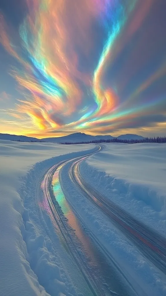 A breathtaking winter landscape unfolds, showcasing a snow-covered road curving gently through a pristine white expanse.  Above, a vibrant, iridescent cloud formation—likely cloud iridescence—dominates the sky, painting the heavens with a spectrum of pastel hues from oranges and pinks to blues and greens.  The contrasting colors of the sky and the icy road create a surreal and dreamlike scene.  Distant, snow-covered hills add depth to the picturesque view.