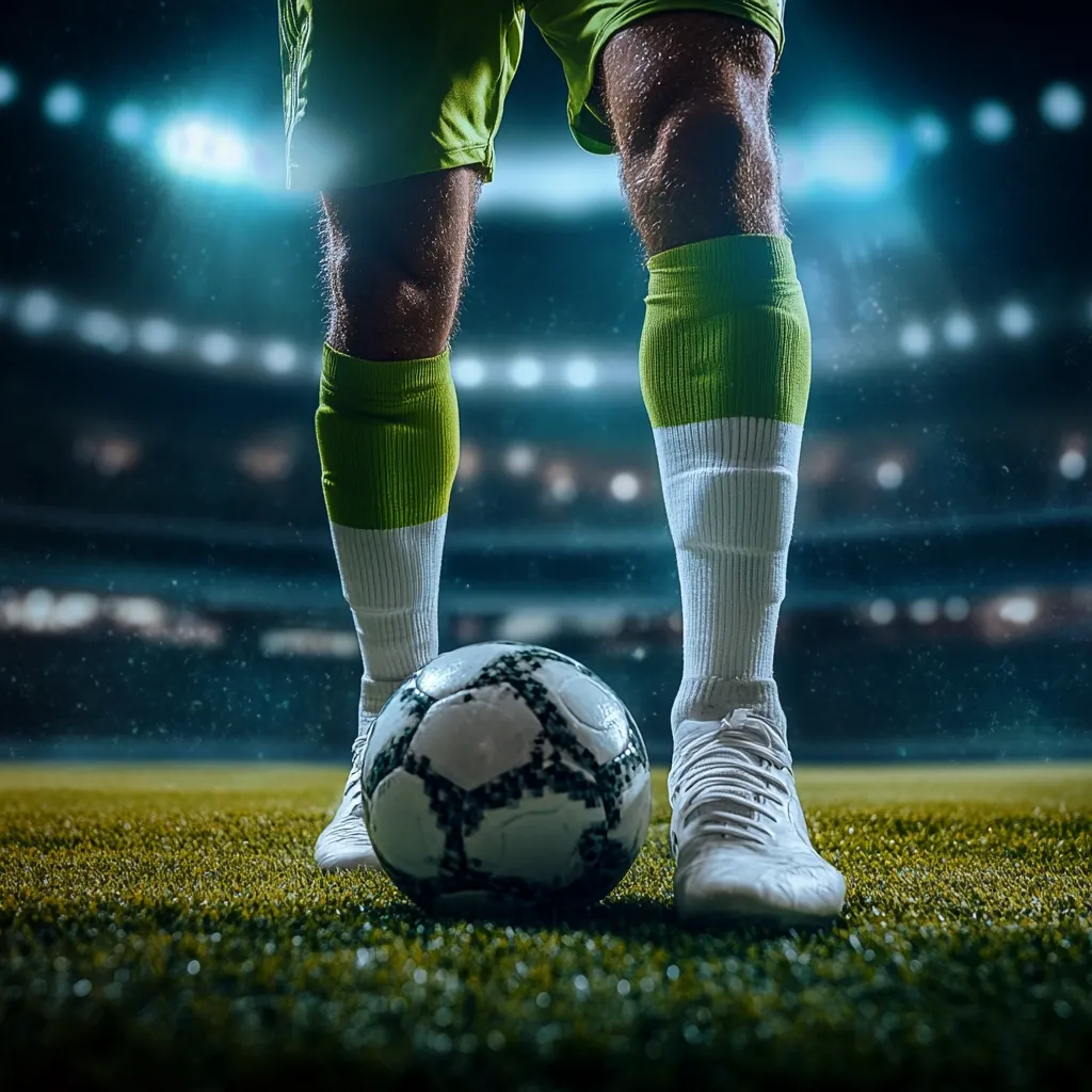 Close-up view of a soccer player's legs and feet positioned over a soccer ball on a grassy field. The player is wearing lime green shorts and socks with white accents, and white cleats.  The background is a blurred nighttime stadium with bright lights, suggesting a game setting. The focus is sharply on the ball and the player's lower limbs, creating a dramatic and intense image.